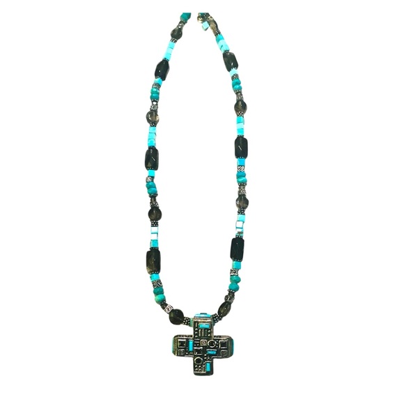 BARSE Jewelry - BARSE Vintage Southwestern Turquoise and Black Onyx Beaded Cross Necklace.